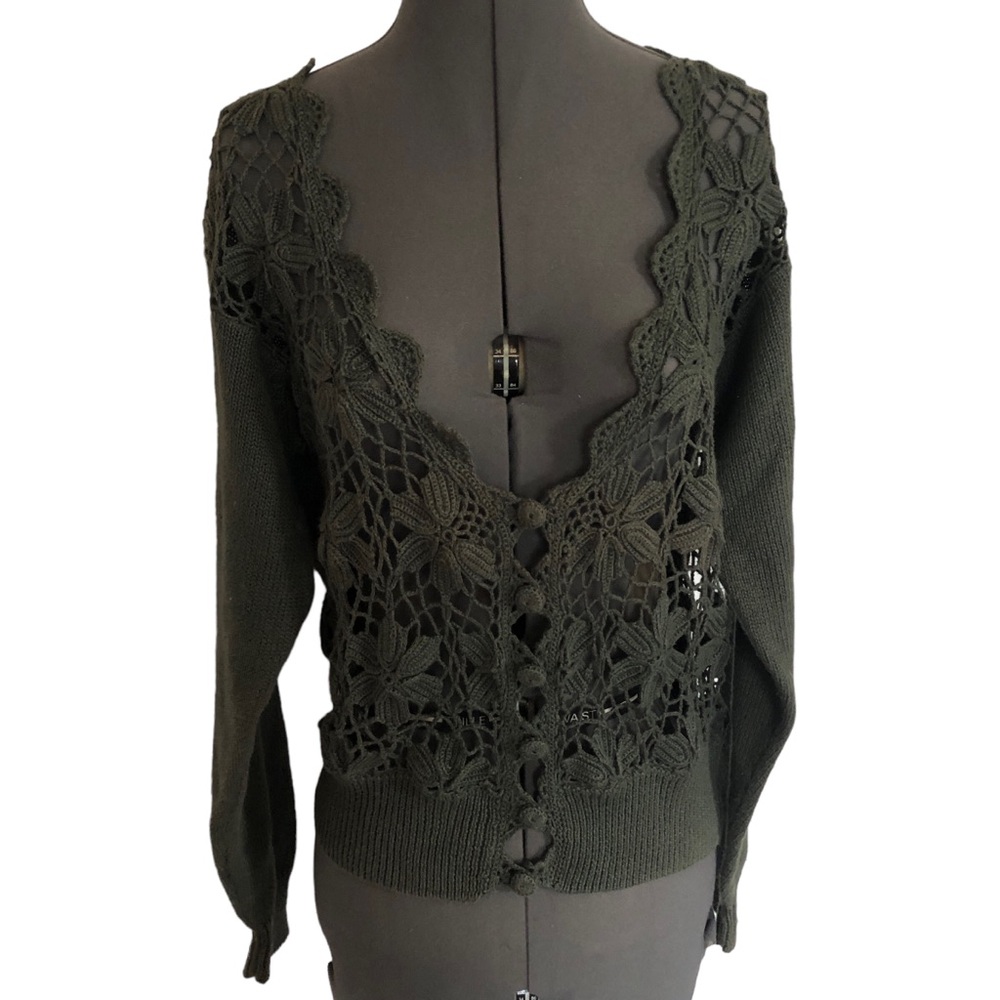 OBR Olive Green Crochet Front Vintage Cardigan Size M